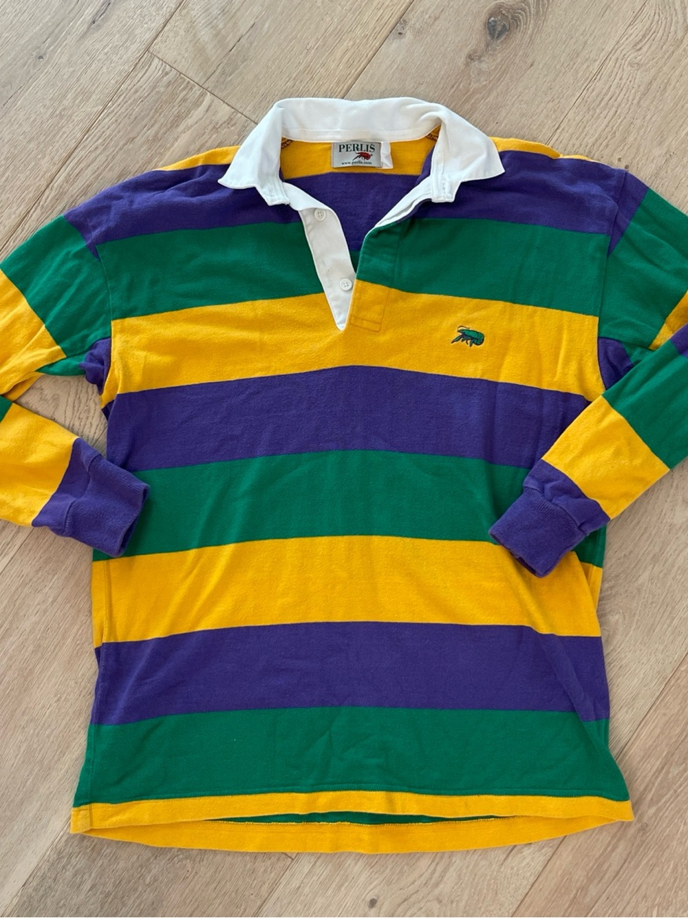 Perlis Kids' Mardi Gras Rugby Shirt - Green, Purple & Yellow Stripe